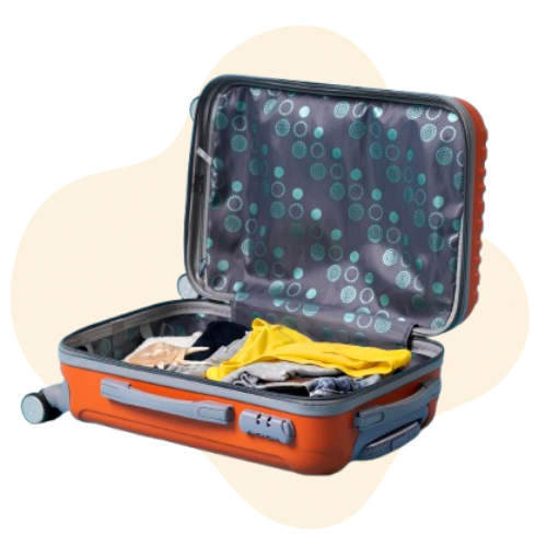 Open suitcase with packed travel items